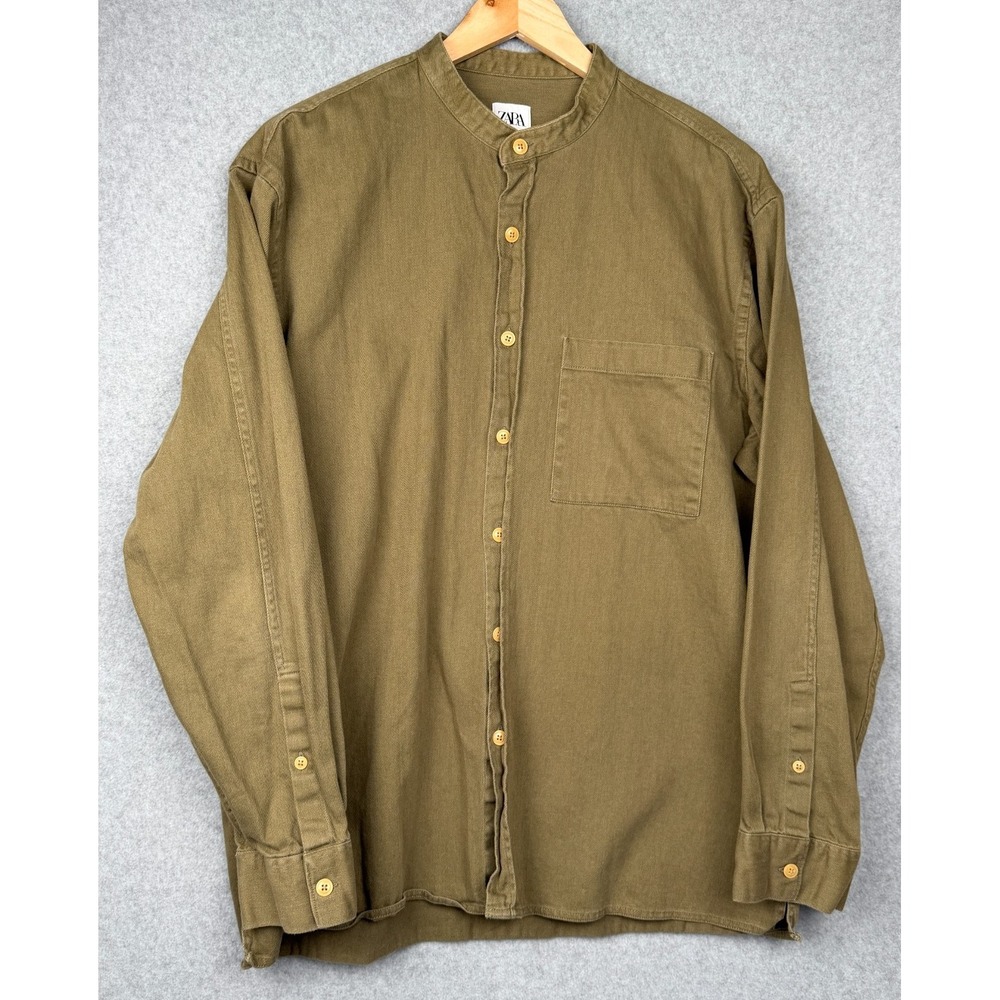 Zara Mens L Olive Green Relaxed Fit 100% Cotton Band Collar Button Up Shirt